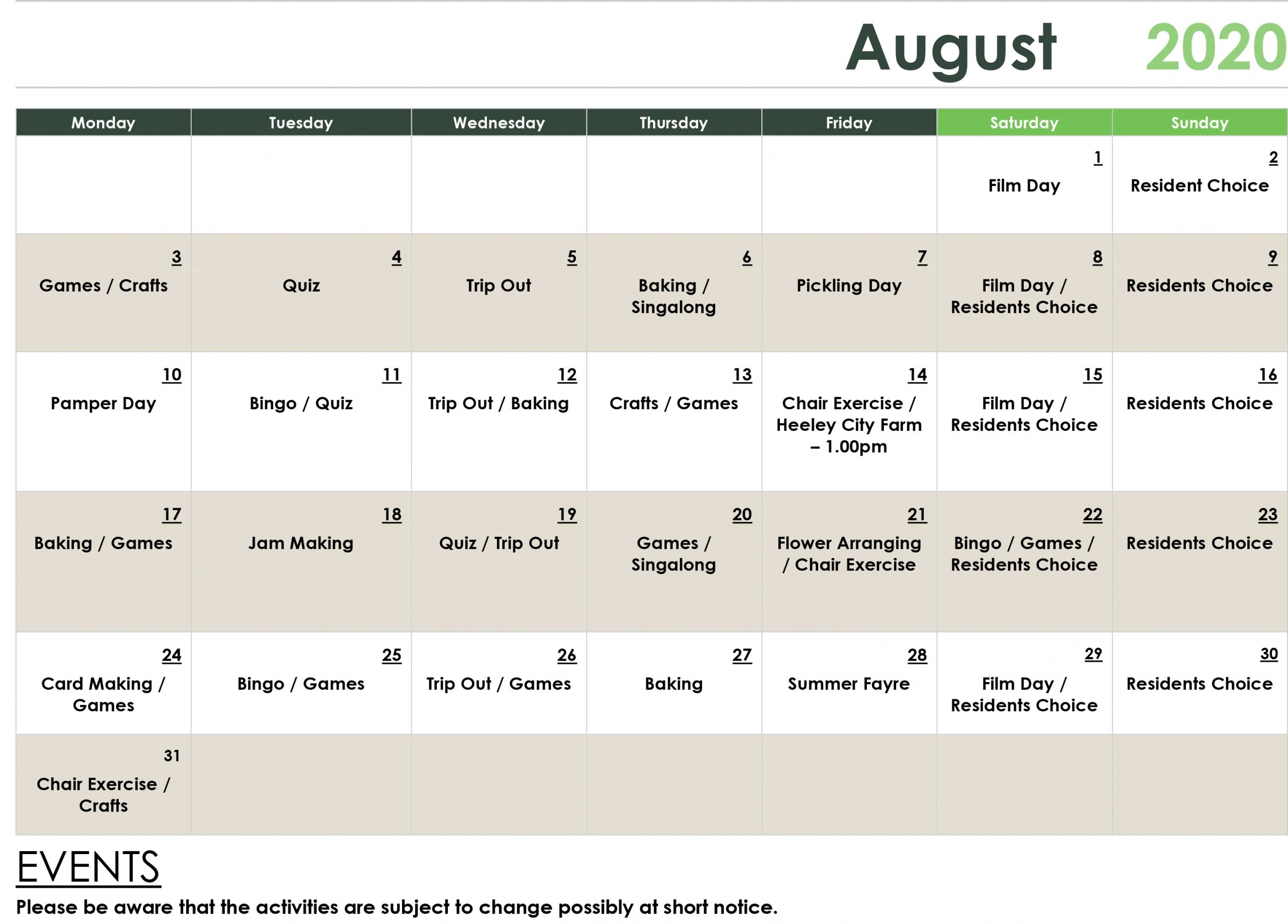 August-Activities August Care Home Activities