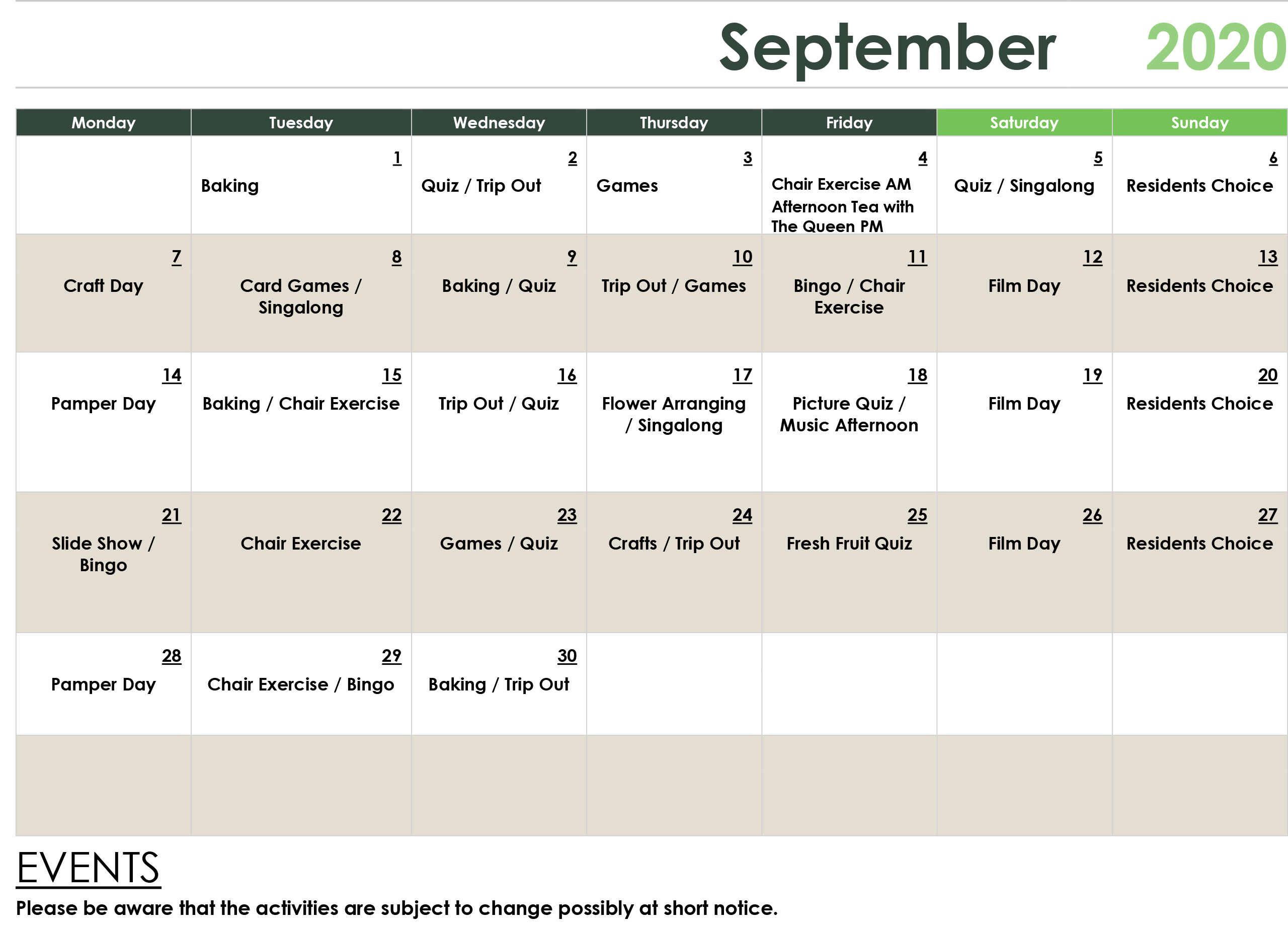September-Activities September Care Home Activities