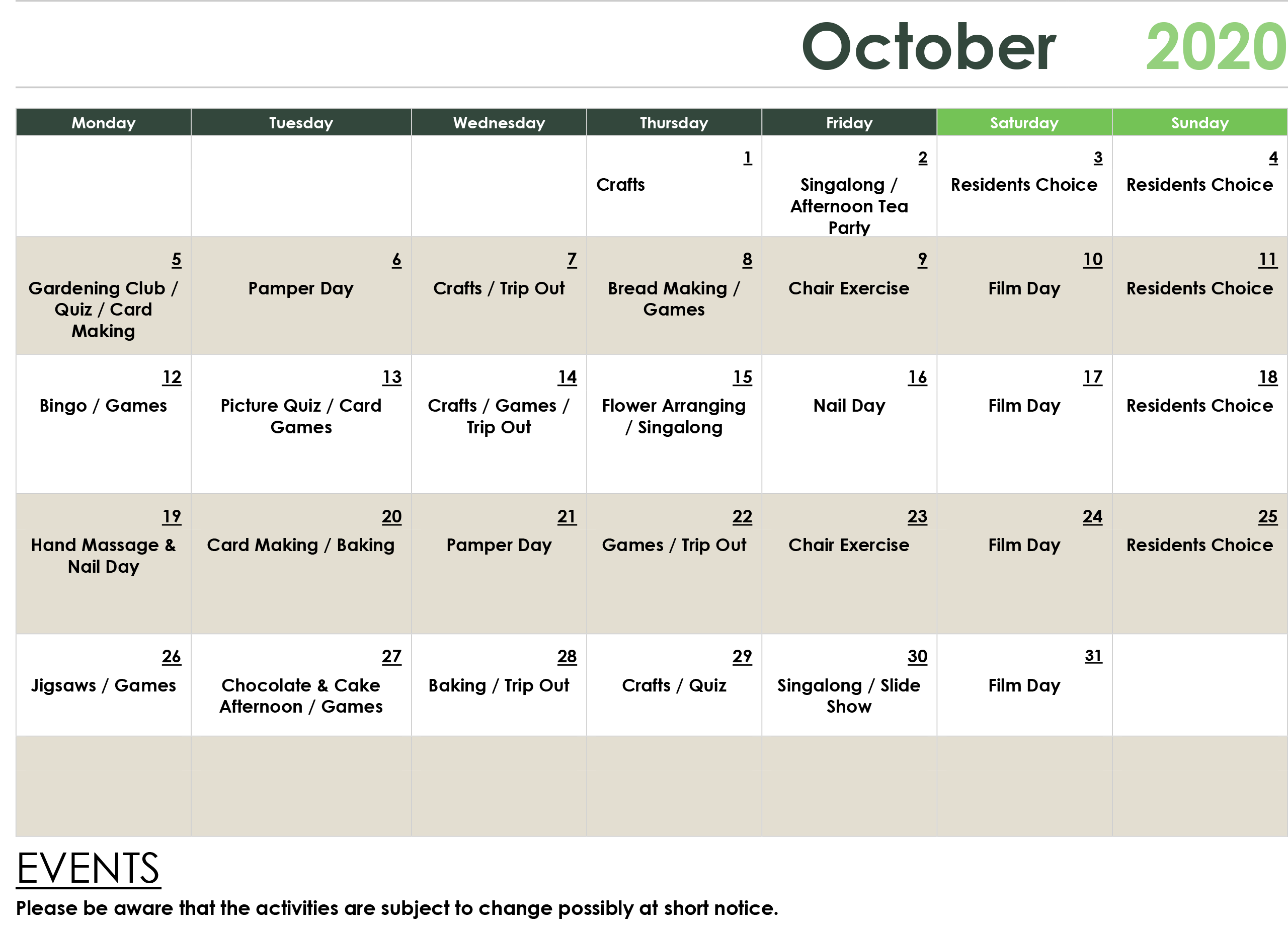 October-Activities October Care Home Activities