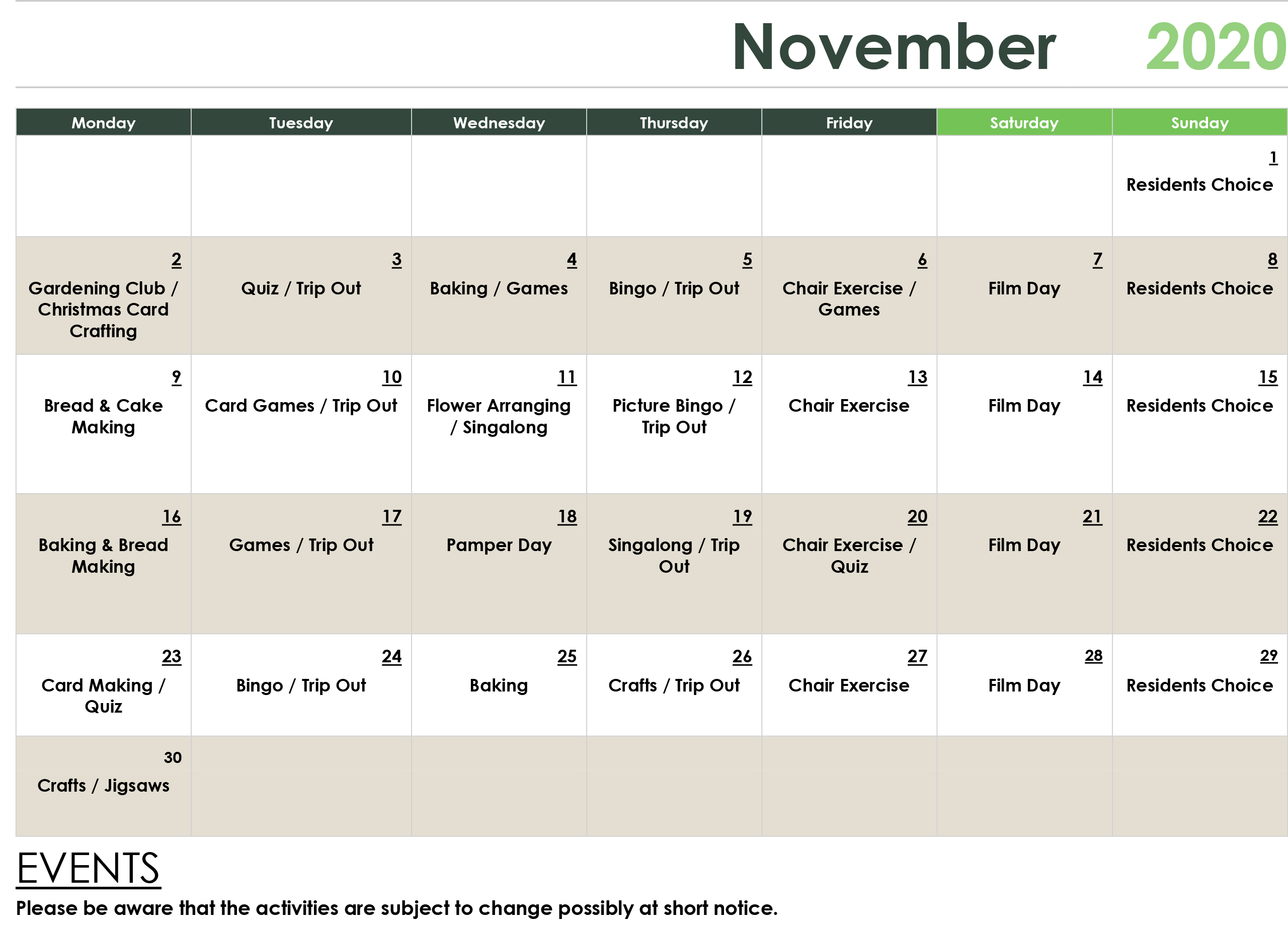 November-Activities November Care Home Activities