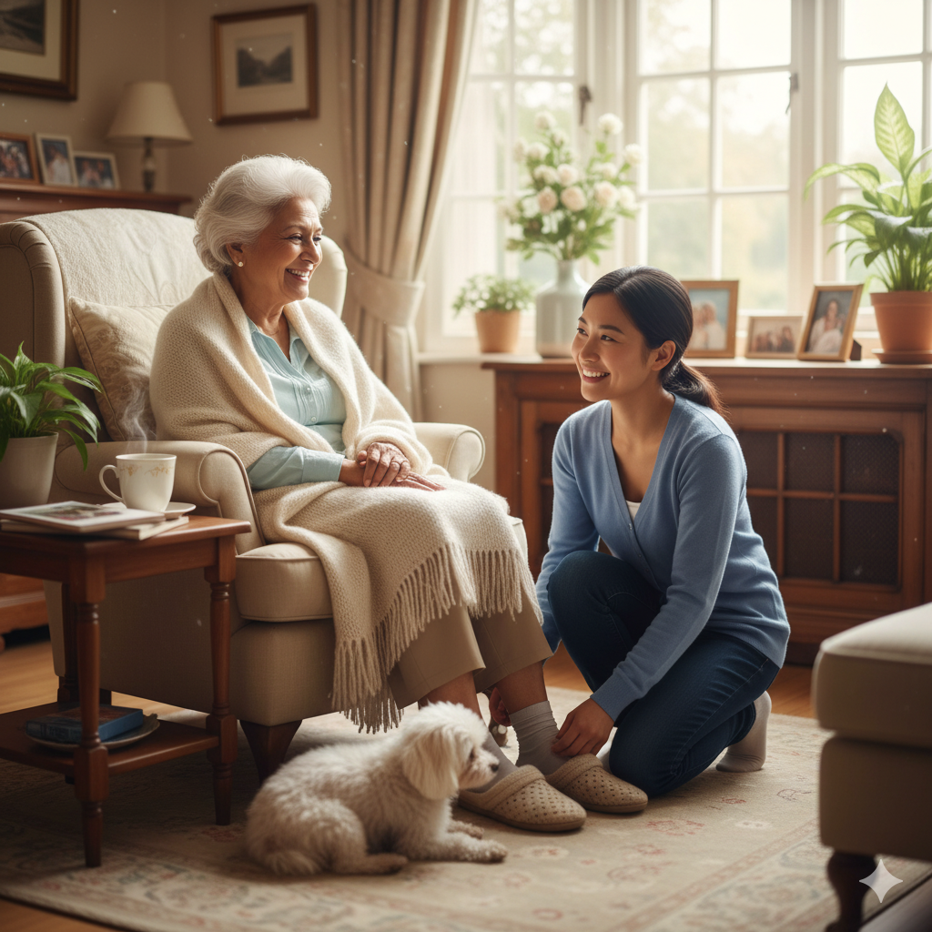 LIve in carer talking to a client