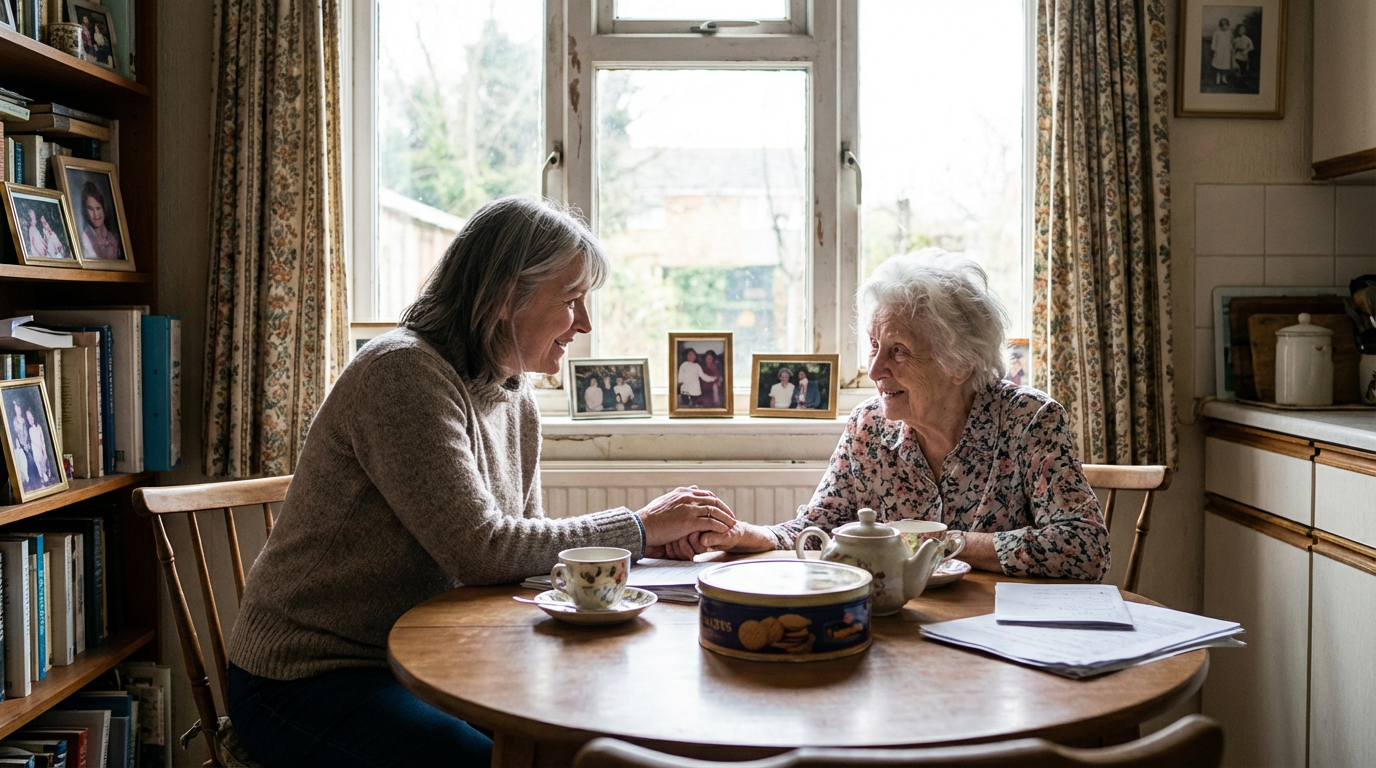 Adult daughter having a compassionate conversation with elderly parent about care options