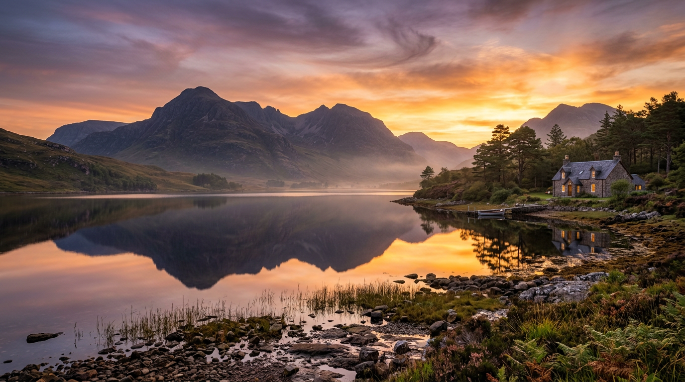 A Scottish loch at golden sunset — the landscape our client was able to enjoy again thanks to carefully planned live-in care travel support