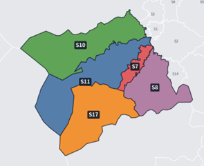 Map showing Twelve Trees visiting home care coverage areas across Sheffield postcodes S7, S8, S10, S11 and S17