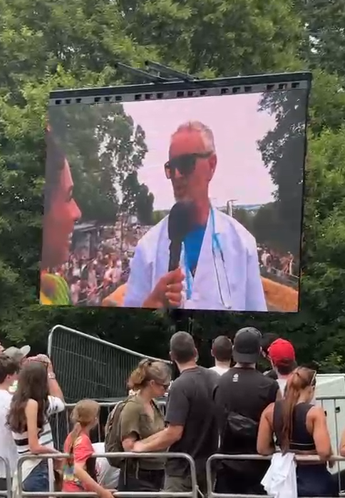 Simon Mills, MD of Twelve Trees Care, being interviewed on the big screen at the Red Bull Soapbox Race 2026