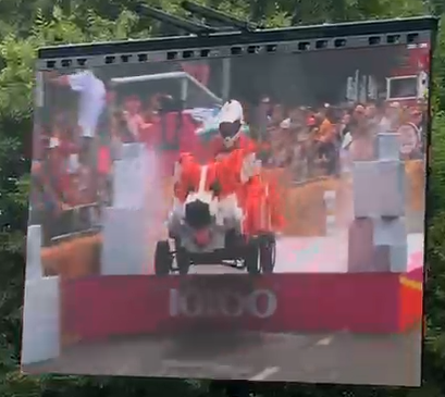 The Belly Low and Ready To Go Corgi soapbox takes the jump with ease at the Red Bull Soapbox Race