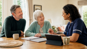 future of care at home - Older person, family member and professional carer discussing care at home in a warm British home setting