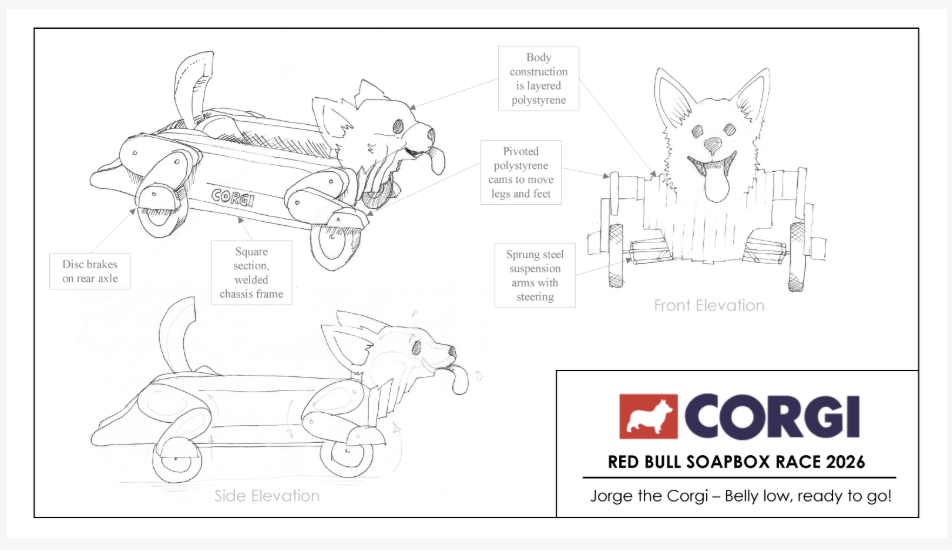 Early design drawings for the Low Down and Belly To Go! Corgi soapbox