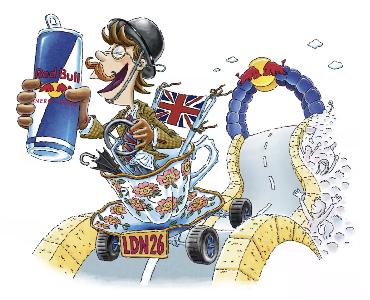 Illustration capturing the spirit of the Red Bull Soapbox Race and the Belly Low and Ready To Go Corgi soapbox