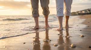 Two people’s lower legs and bare feet in shallow sea water at the shoreline during a peaceful seaside outing