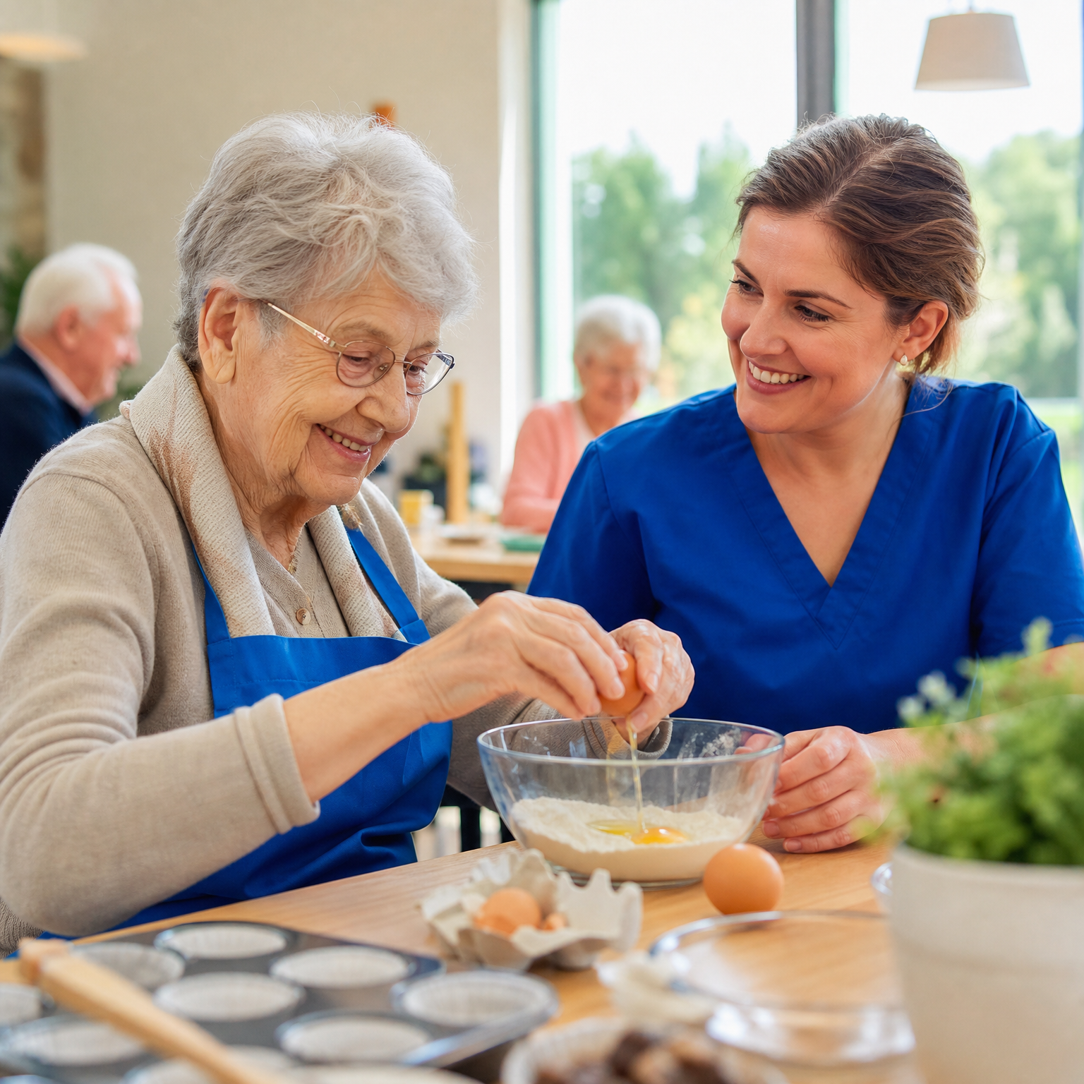 Older woman and professional carer arranging flowers together in a bright kitchen or sunroom