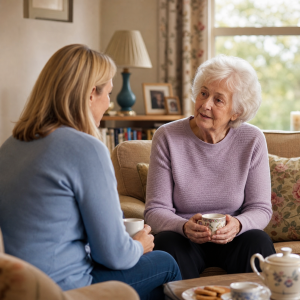 Younger woman and older woman talking about dementia over tea in a cosy living room with biscuits on the table