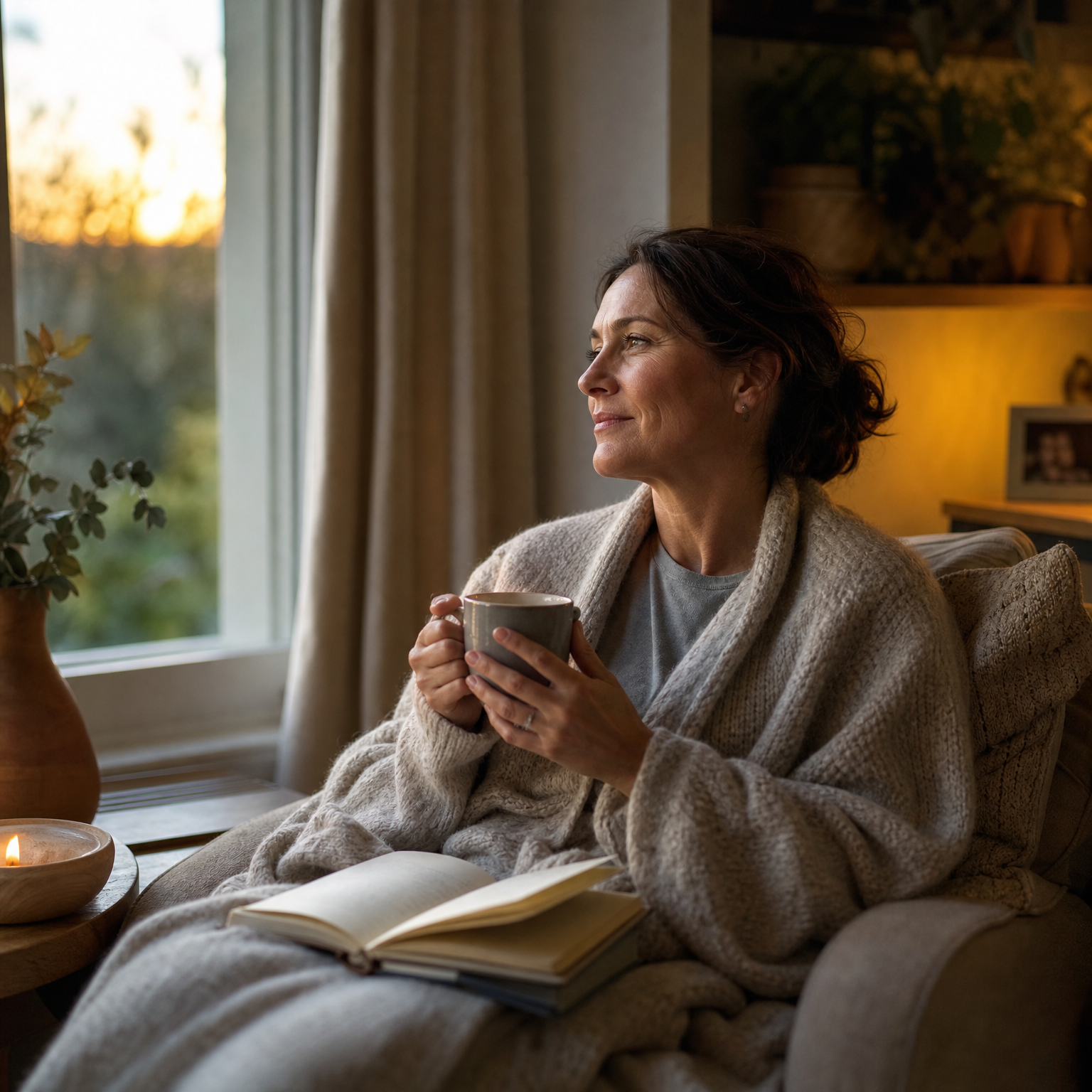 Woman resting in an armchair by a window with a mug and book in a calm evening home setting