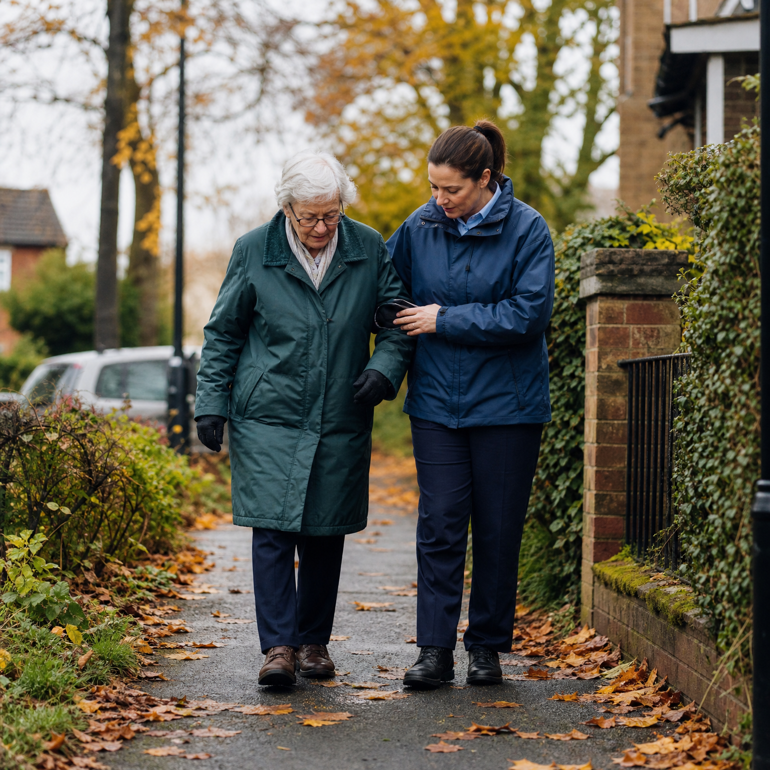 A carer providing autumn walking support to help an older person stay steady and prevent falls