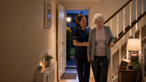 Professional carer helping an older woman down the stairs in a warmly lit home hallway at dusk