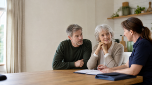 Older woman and adult son listening to a care adviser at a dining table with paperwork in a bright home